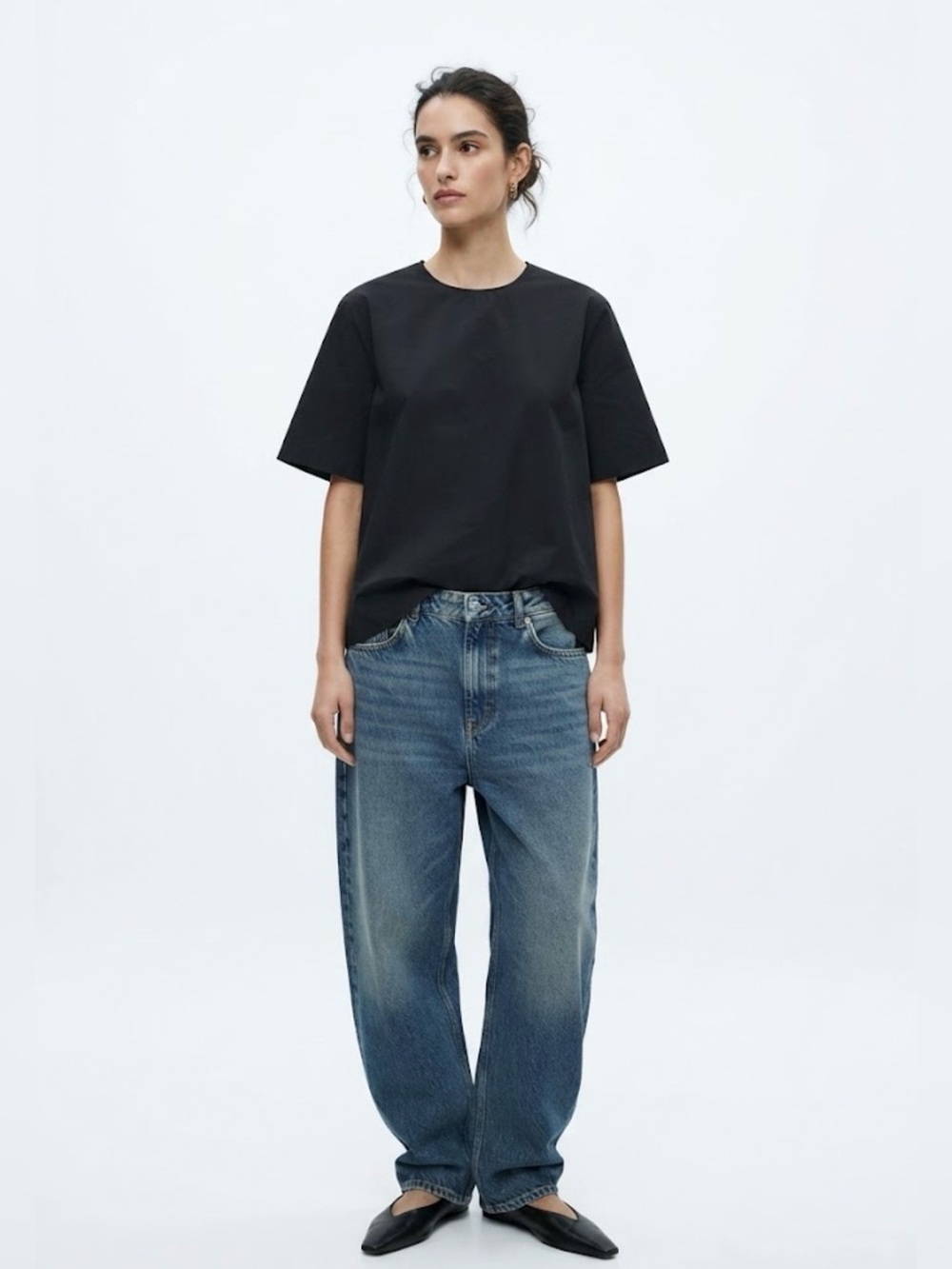 Zara Black Short Sleeve Boxy Blouse Top Size L Back Button Closure Minimalist